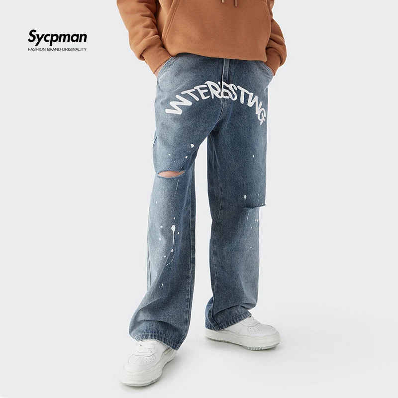 Рваные джинсы Новые прямые брюки с принтом брызг Свободные повседневные рваные