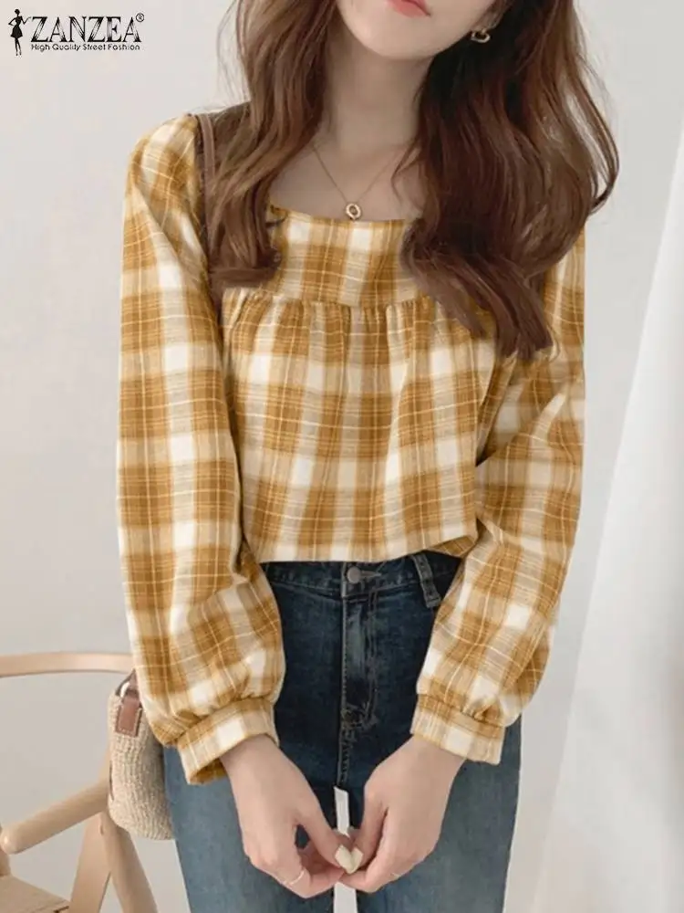 

Femme Square Collar Long Sleeve Stylish Elegant Casual Holiday Oversized Top 2022 ZANZEA Spring Women Grid Printed Blouse Blusa