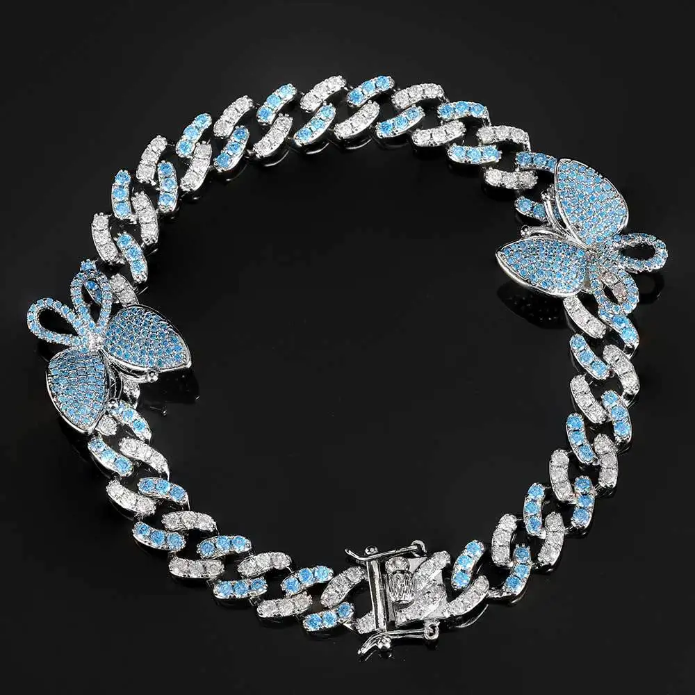 

Hiphop 9mm Single Row Full Diamond Butterfly Cuban Chain Set with Zircon Bracelet Popular Jewelry Wholesale