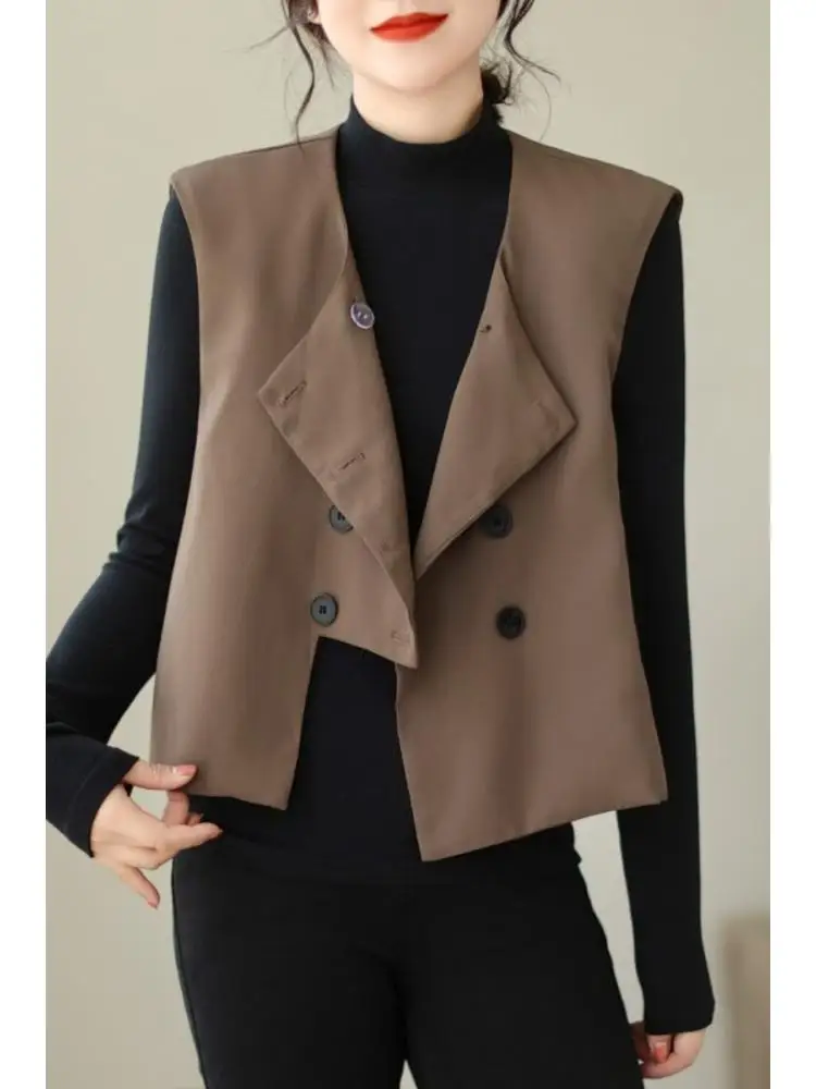 

Женский Асимметричный жилет, повседневный уличный жилет, Новый универсальный двубортный укороченный многослойный Ретро жилет с круглым вырезом на осень