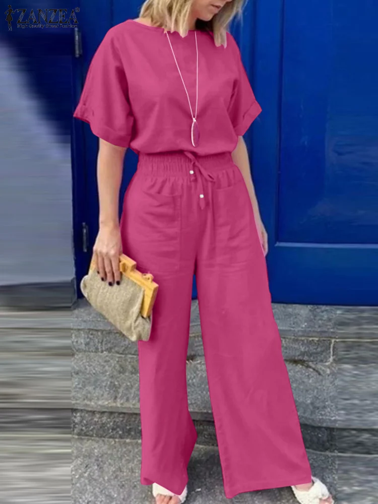 Летний костюм ZANZEA модные подходящие комплекты женская блузка брюки с широкими