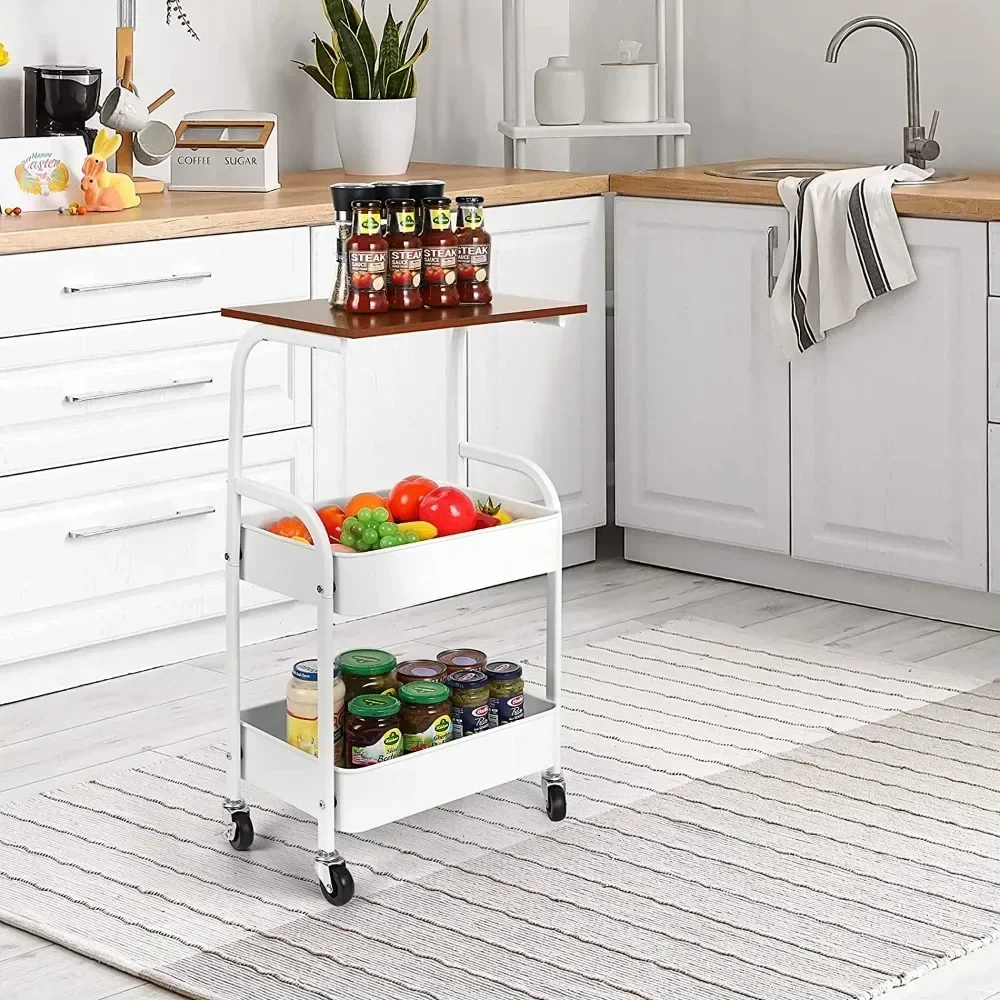 

Easy to assemble and clean 3-Tier Kitchen Rolling 16.54" Storage Cart with Wooden Tabletop, White