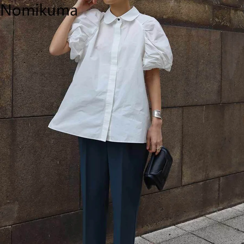 

Nomikuma Tops Women 2022 Summer Puff Sleeve Doll Collar Loose Simple Shirts for Women Japanese Preppy Cute Fashion Blusas Mujer