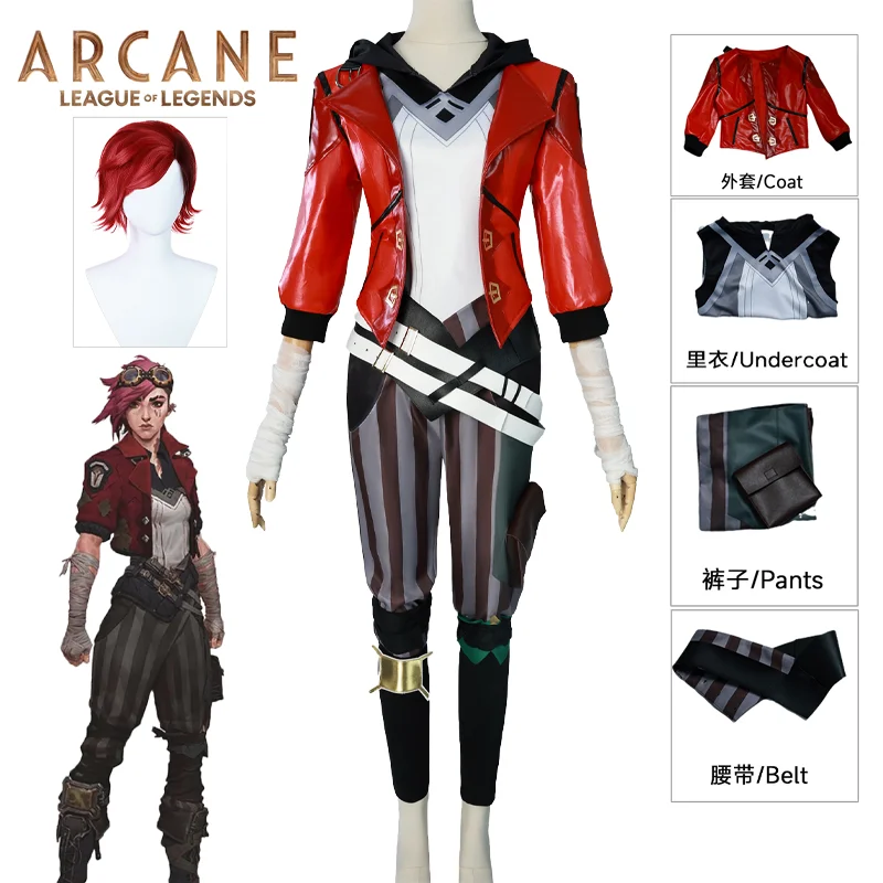 Фото Игра LOL Arcane Vi Косплей Костюм Красное Кожаное Пальто Куртка Униформа Аксессуары Костюм Парик Комплект Хэллоуин Вечерние Наряды Женщины Мужчины №1