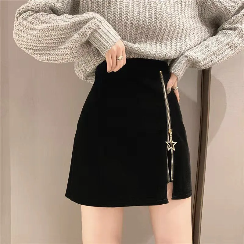 

EACHIN Women Korean Tweed Skirts Autumn Winter High Waist A Line Bodycon Bottoms Female Sexy Zipper Slim Mini Short Skirt