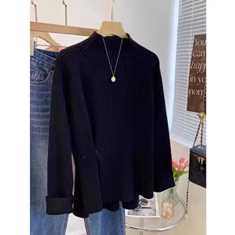 Фиолетовый вязаный свитер в полоску с высоким воротником для женщин