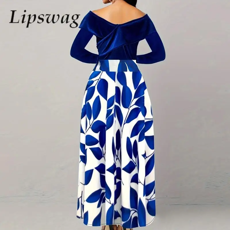 

Casual Fashion Patchwork Velvet Slim Long Dress Elegant Long Sleeve Leaf Print Maxi Dresses Women Sexy V-neck Draped Party Dress