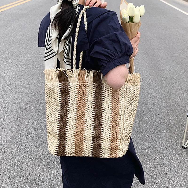 

Соломенная пляжная сумка в полоску, вместительная плетеная Сумочка на плечо для женщин, повседневный тоут ручной работы, женский пляжный саквояж