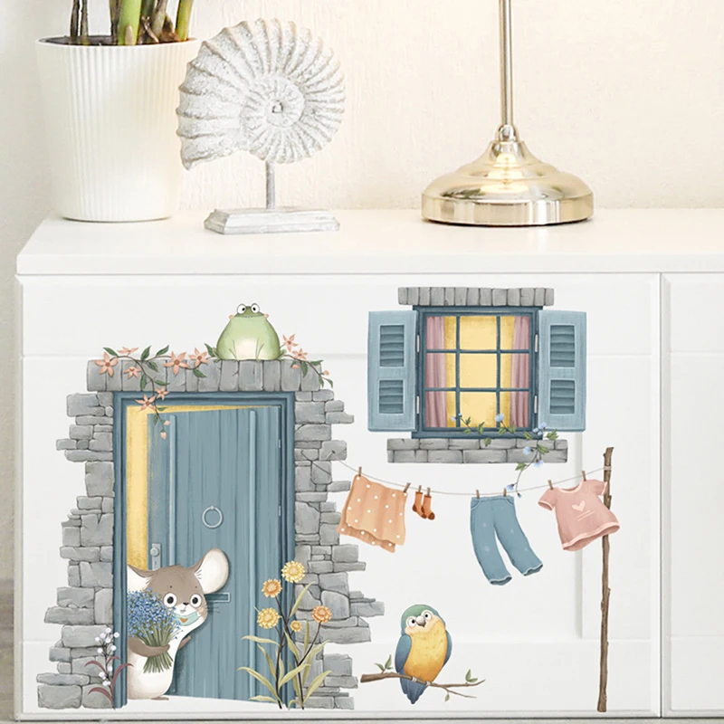

Cute Corner Mouse Wall Sticker Home Living Room Decor Vinyl Wall Sticker Cartoon Bird Flower Pot DIY Kids Door Mural Wallpaper