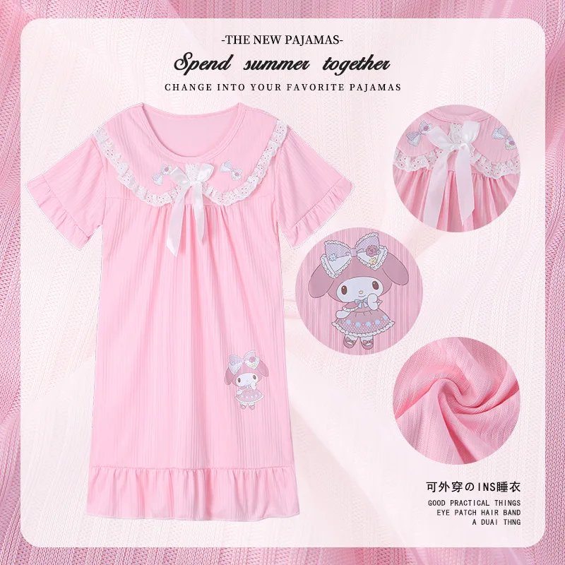 

My Melody Girly Heart Kuromi Kawaii Anime Sanrio Pajamas Summer Cute Cartoon Cinnamoroll Short Sleeve Nightdress Cloth Kids Toys