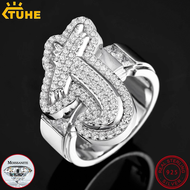 Фото Кольцо с инициалами TUHE Iced Out Moissanite, серебро 925 пробы, персонализированное, с бриллиантами, для мужчин, в стиле хип-хоп, подарок №1