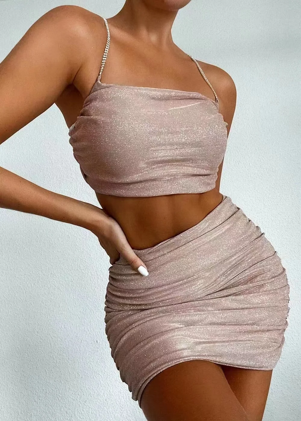 

2022 New Summer Sexy 2 Two Piece Set Crop Tops Skirts Women Sleeveless Backless Skinny Camisole Solid Pleated Mini Bodycon Skirt