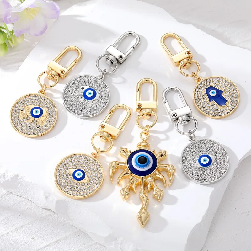 

Turkish Evil Eye Pendant Keychain For Women Men Shiny Rhinestone Fatima Hamsa Hand Flame Devil Eye Keyring Handbag Jewelry Gifts