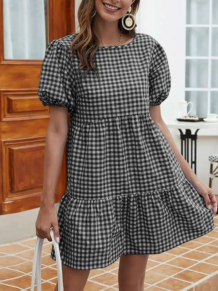 

Платье ZANZEA женское короткое в клетку, винтажный праздничный сарафан с пышными рукавами, укороченный халат с V-образным вырезом на спине, кафтан оверсайз, на лето
