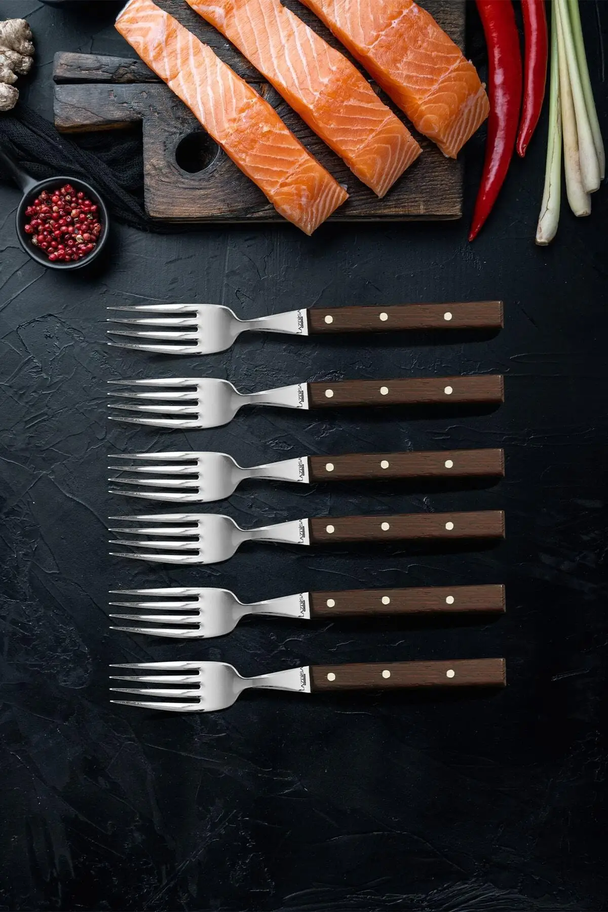 Kitchen Accesories Fork Set Steak Meat Fork 6 Piece Set Restaurant Special Presentation Carbon Stainless Steel Wenge Wood Handle