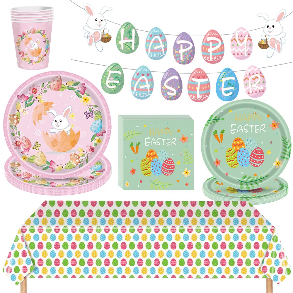 

Easter Party Bunny Disposable Cutlery Plates Cup Paper Towels Easter Tablecloth Bunny birthday Party Decoration Baby Shower