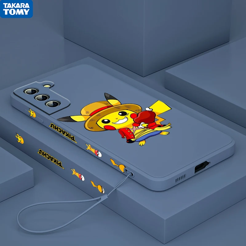 

Cute Anime Pikachu Lovely For Samsung Galaxy S22 S21 S20 S10 Note 20 10 Ultra Plus Pro FE Lite Liquid Left Rope Phone Case Cover