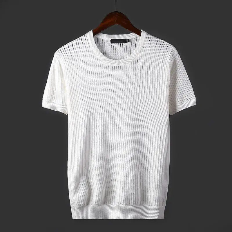 

2022 Summer New Men's Fashion O-neck Casual Knitted T-shirt Hollow Out Ice Silk Short-sleeved Tops Slim Fit Men Tee Shirts A39