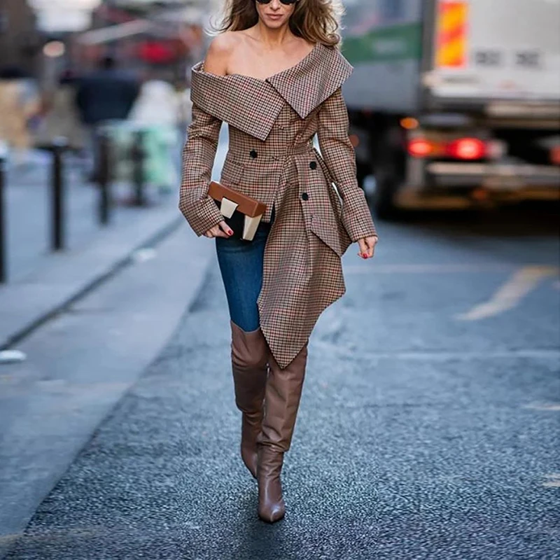 Sexy Off Shoulder Jacket Slack Checked Irregular Cape Lapel Plaid Jacket Cool Slim Women's Autumn Jackets 2022 Lady Elegant Wear