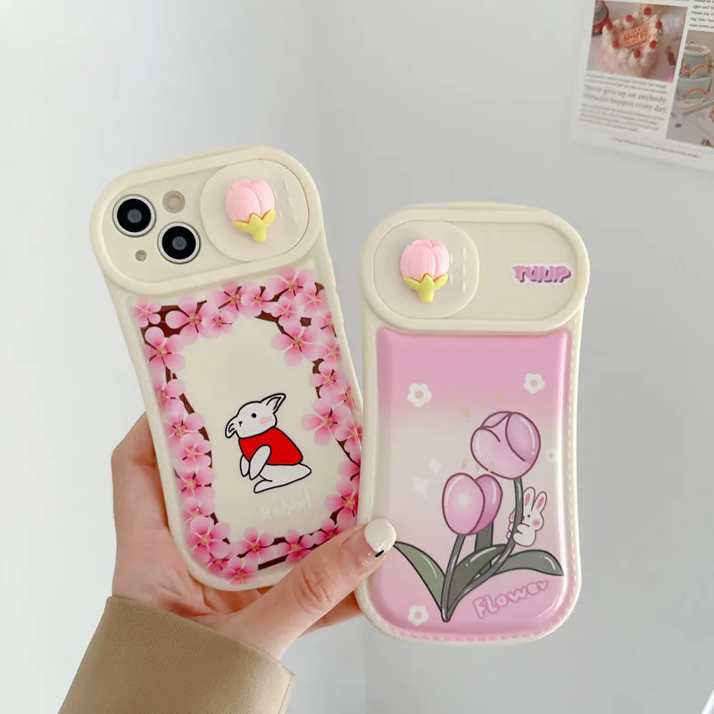 

Cute Rabbites 3D Flower Waist Push Window Air Cushion Phone Cases For iPhone 14Pro 11 12 13 Pro Max Shockproof Soft Shell Fundas