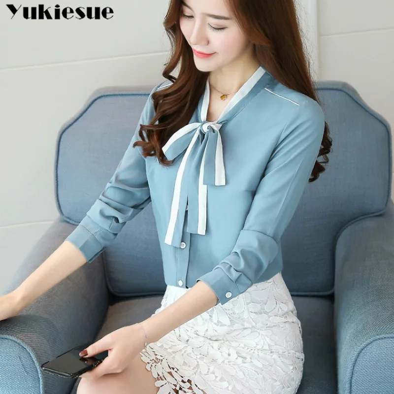 Женская шифоновая блузка с длинным рукавом однотонная Свободная бантом в