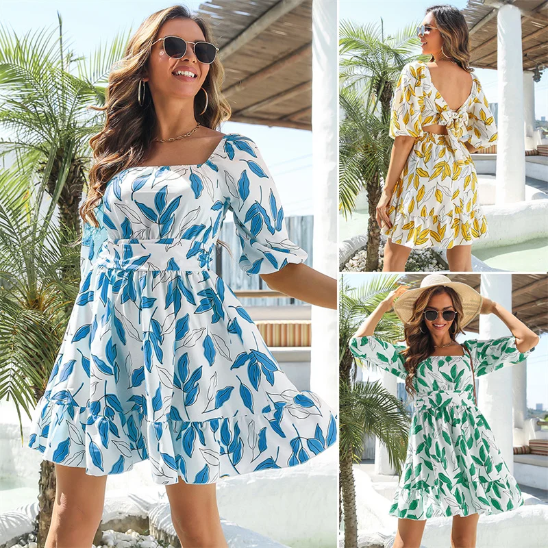 

2023 European and American hot style fashion casual dress ruffled square neck tie skirt women's summer new women's clothing