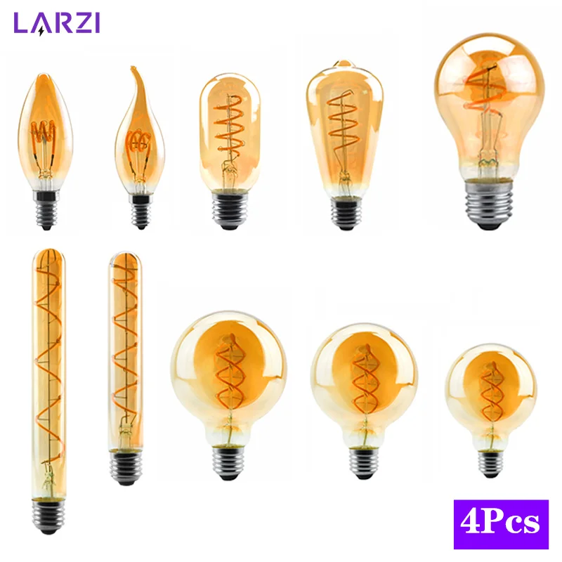4pcs/lot T45 ST64 G80 G95 G125 T225 Spiral Light LED Filament Bulb 4W 2200K Retro Vintage Lamps Decorative Lighting Edison Lamp