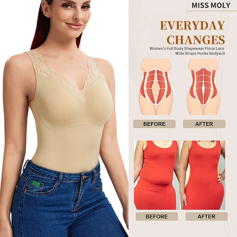 Invisible Shapewear Cami Bodysuit for Women Tummy Control Chest Lifting Body Shaper Lace Camisole Tops Slim Underwear with Pads