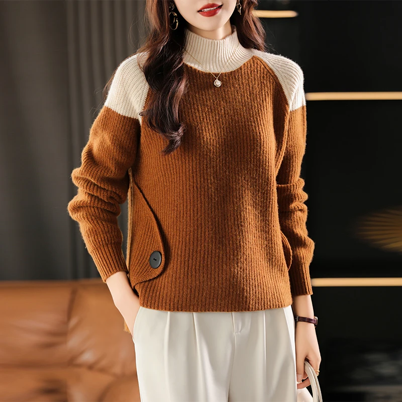 

Autumn And Winter New Pure Wool Sweater Loose Half-Height Color Matching Pullover Sweater Fashion Joker Knit Bottoming