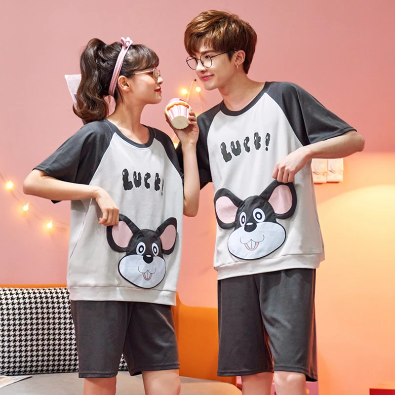 Summer Couple Pajamas Set Cotton Nightwear Sleepwear Women Men Cartoon Mouse Pijama Korean Loose Lover Pyjama Homewear 2PCS