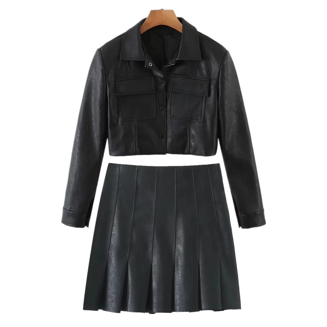 

Jenny&Dave 2023 Ins Blogger High Wasit A-line Pleated Mini Skirts Sets Women High Street Vintage Locomotive Leather Jacket