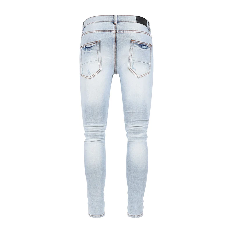 Street Fashion Men Jeans Retro Light Blue Buttons Elastic Stretch Skinny Ripped Jeans Men Patched Designer Hip Hop Brand Pants