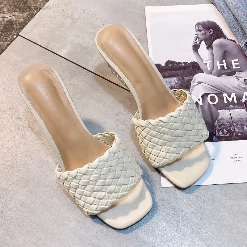 

Large Slippers Women High Heel Square Knitting 2023 Summer New Comfortable Contoured Heel Solid Color Open-toe Women's Shoes