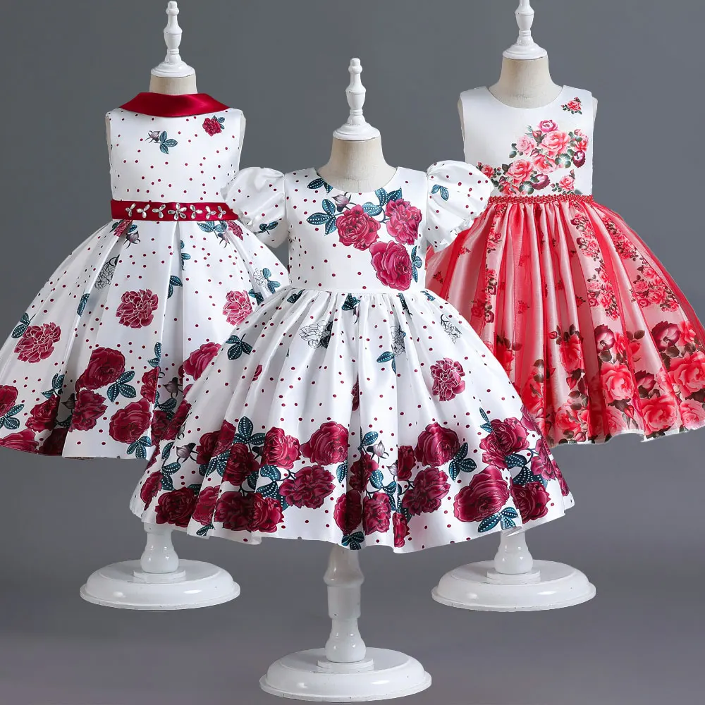 

Винтажное атласное платье принцессы с цветочным принтом для девочек 2-10 лет, костюм для подружек невесты, одежда для девочек, платья для свад...