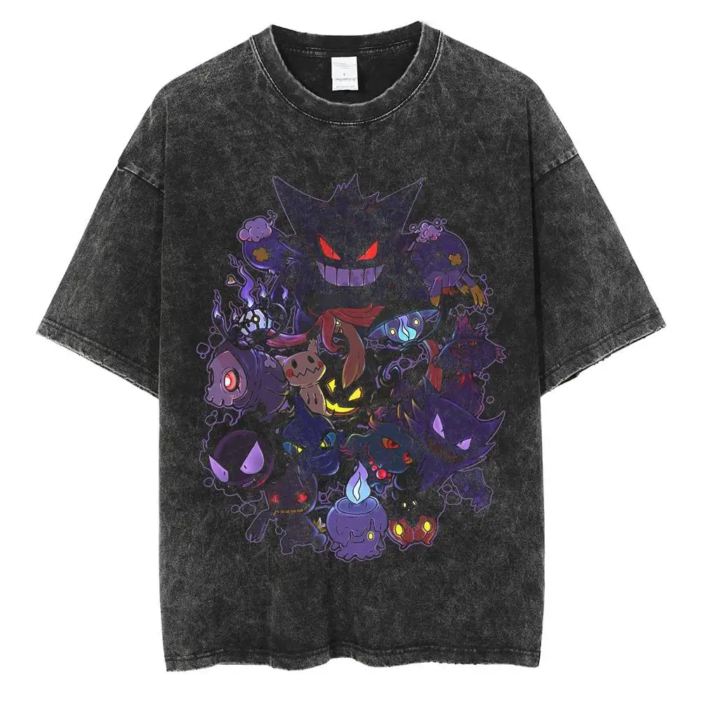 

Pokemon Gengar Washed T Shirt Japanese Anime Printed 100% Cotton Tshirt Black Tshirt Short Sleeve Streetwear Tops Tees Man
