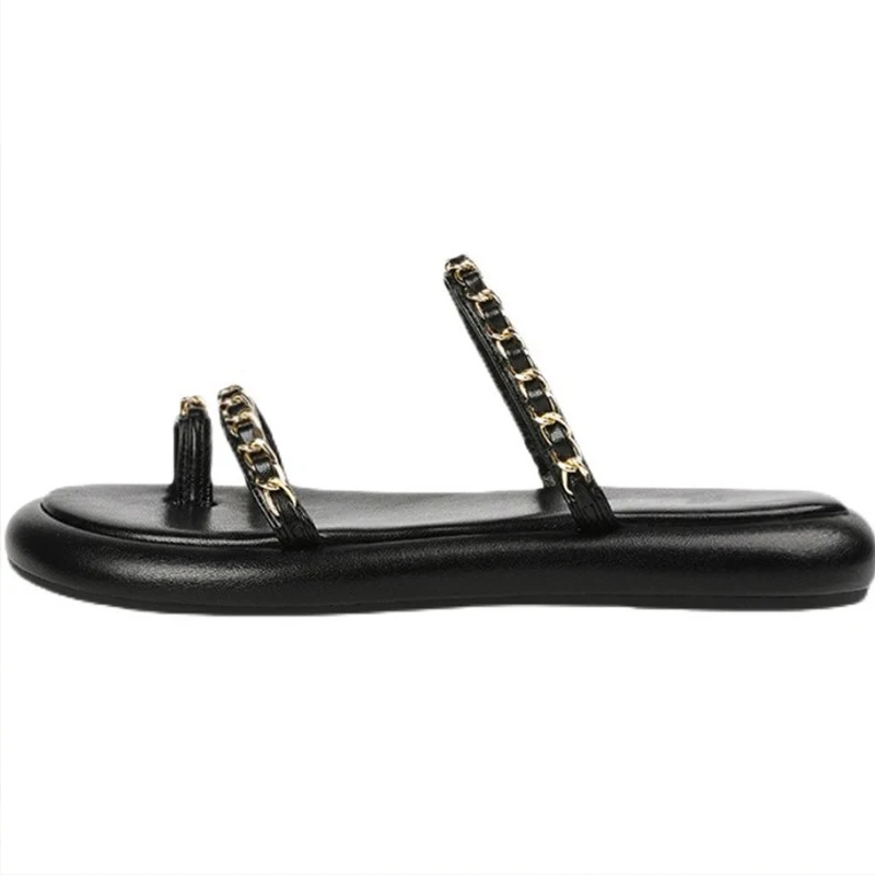 2023 Slipper Flat Bottom Non-slip Metal Decor Women Outdoor Open Toe Beach Female Sandals Sexy Fashion Design Slides Woman Shoes