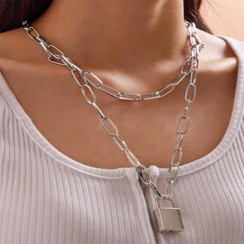 

European Jewelry Punk Retro Lockable Pendant Necklace Sweater Chain Multi-Layer Geometric Chain Necklace Fashion Jewelry