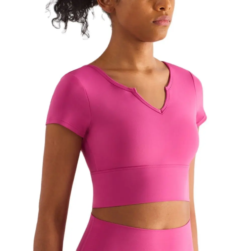 

MYS Sports Top Short Sleeve T-shirt Women With Breast Pad Naked Feeling Fashion V-neck Breathable Nylon Gym Fitness Yoga Blouse