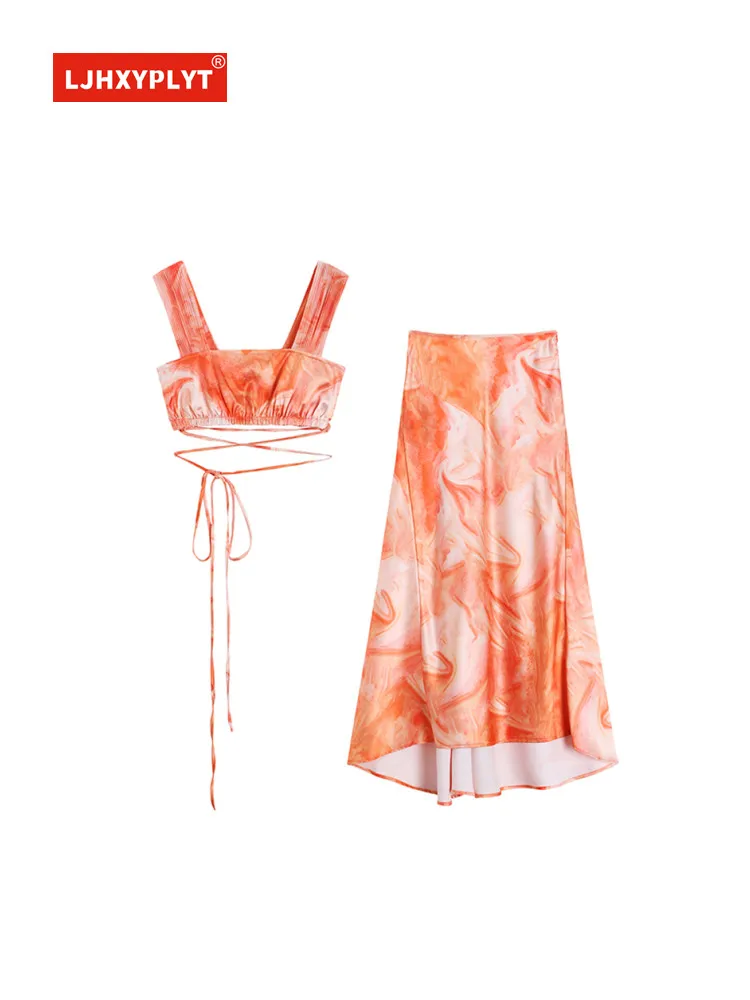 

Orange Cream Short Tube Top Vest Half Skirt Suit Women Vacation Style Sleeveless Top Loose Mid-Length Skirt Two-piece Set Female