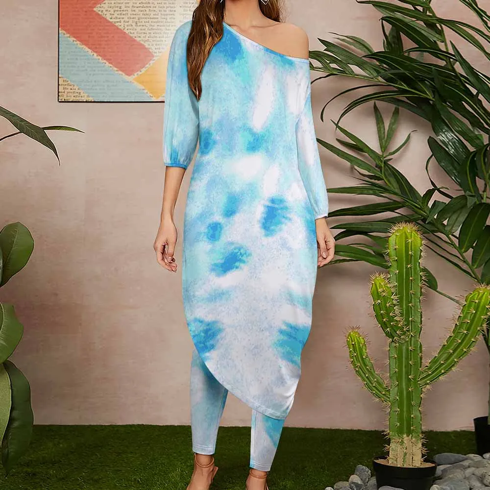 

women clothes Casual Loose solid color diagonal shoulder two piece pants set