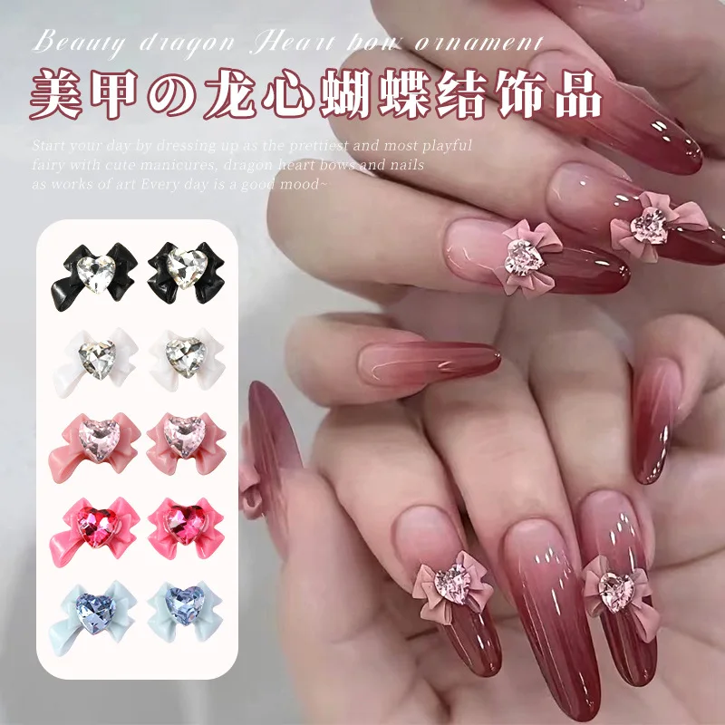 

10Pcs Ribbon Nail Charms White Pink Crystal Heart Rhinestones Bow Knot Nail Parts 3D Manicure Decoration Kawaii Accessories