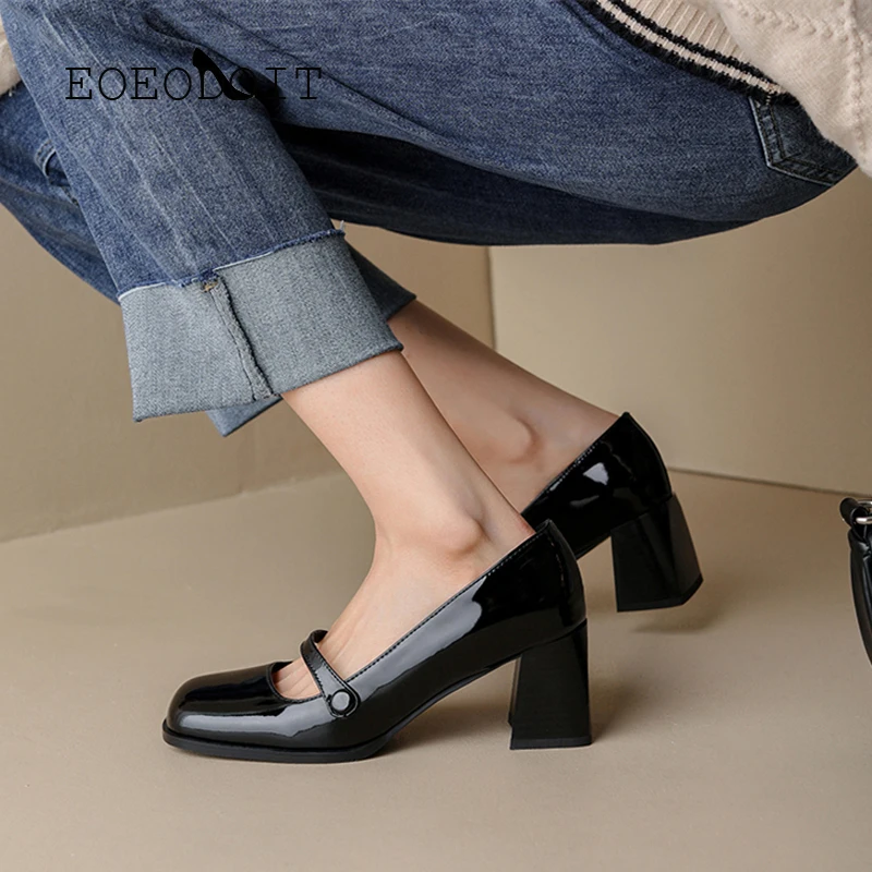 EOEODOIT New Leather Heels Shoes Women Fashion Retro Square Toe Slip On Loafers Office OL Party Pumps | Обувь