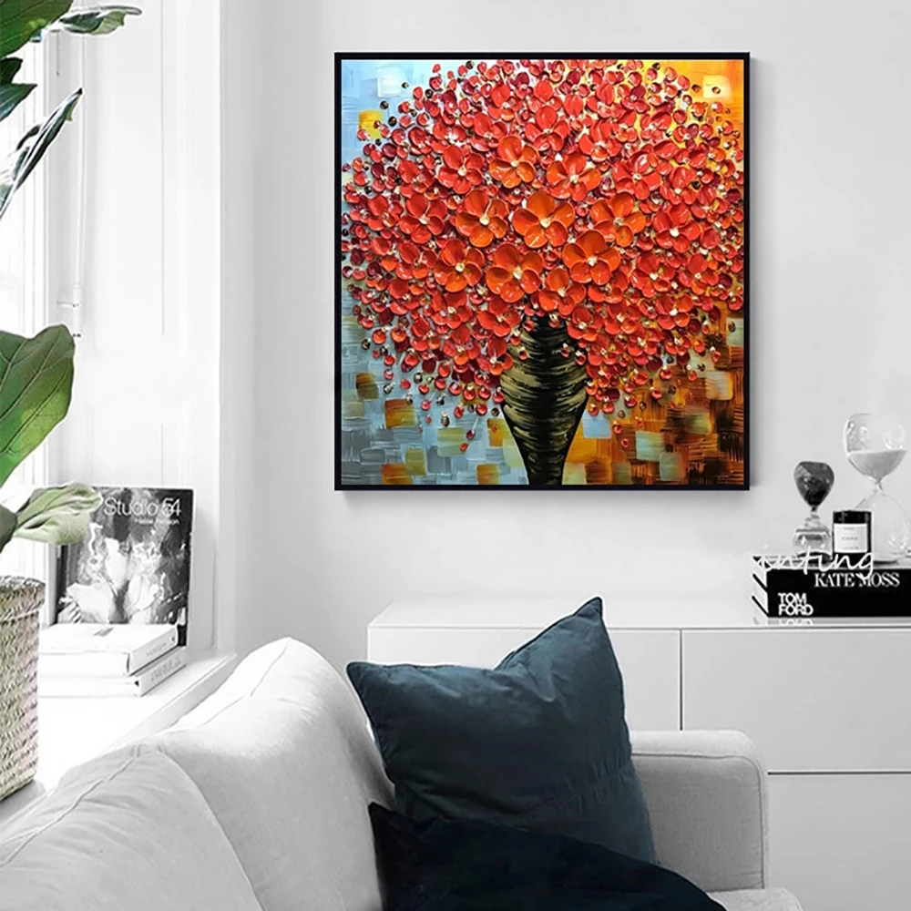 

Hand Painted Oil Painting Thick Oil On Canvas Painting Wall Art Decoration Living Room 3D Knife Red Flower Oil Painting Unframed