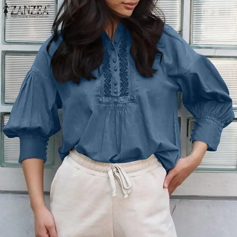 

Женские офисные рубашки, джинсовая синяя блузка оверсайз, Повседневная однотонная Свободная блузка с рукавом 3/4, топы ZANZEA с оборками в стиле...