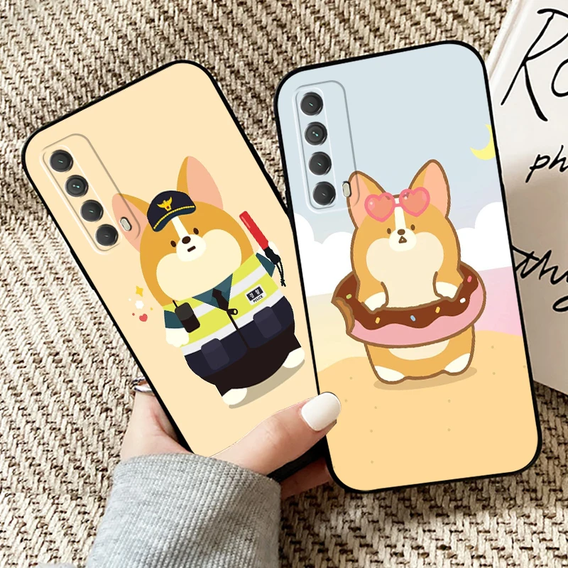 

Cartoon Dog Corgi Phone Case For Huawei P40 P30 P20 P10 Lite Honor 9 10 20 Pro 7X 8X 9X Prime P Smart Z 2021 Coque Funda Black