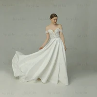 sexy 2022 a line high slit wedding dress sweetheart appliques lace up elegant bridal gowns off the shoulder backless sweep train