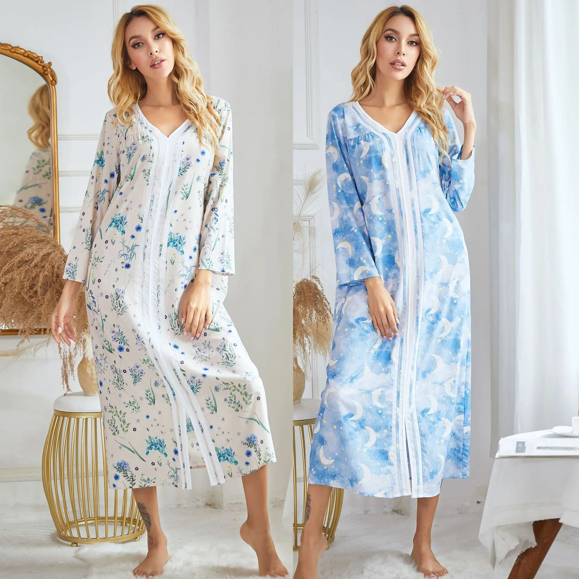 Autumn and Winter Hot Style Women's Nightdress Woven Four-way Stretch Printing Long-sleeved Long Home Wear Dress