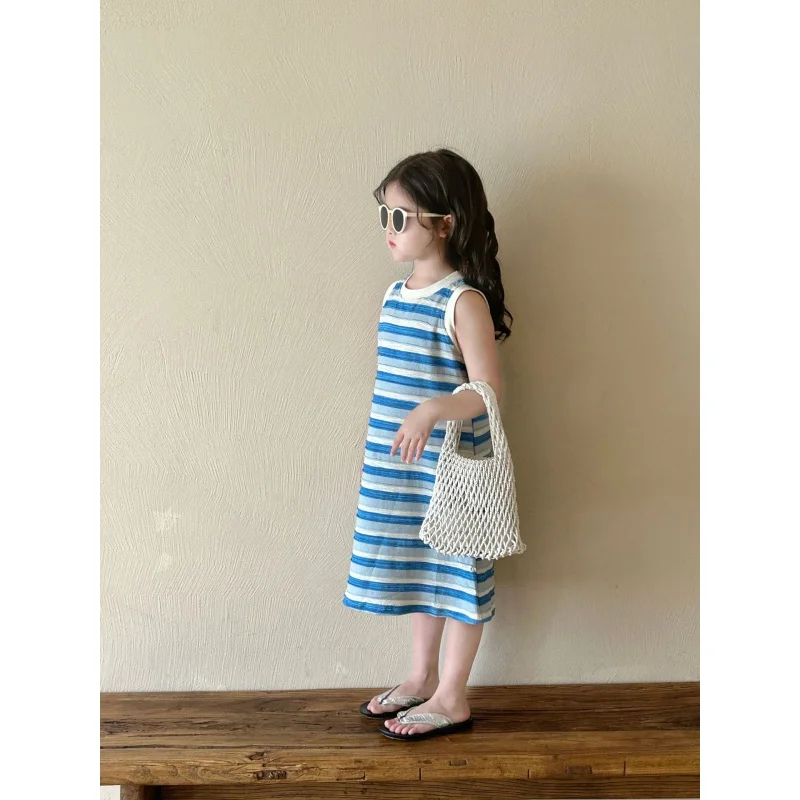 Летнее платье для девочек новинка детское платье-жилет в синюю полоску длинное