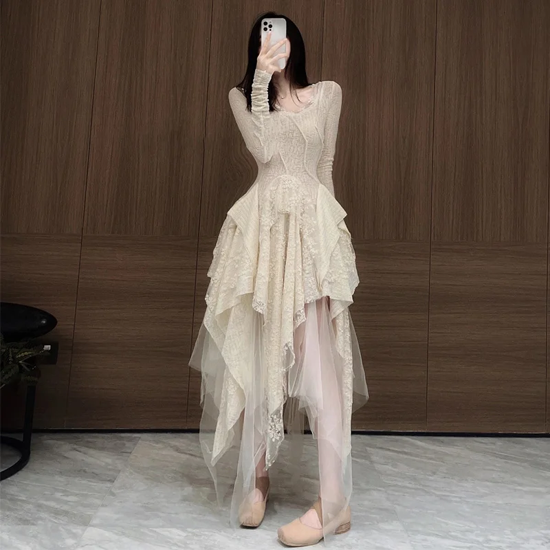 

2023 весеннее женское платье с длинным рукавом, роскошное кружевное лоскутное однотонное Сетчатое кружево с асимметричным подолом для девушек