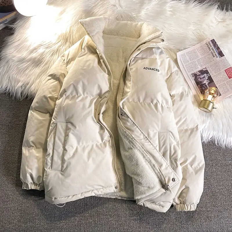 Winter Thick Fleece Filled Loose Parka Jacket Women Stand Neck Zipper Fashion Casual Warm Coat White Black Blue
